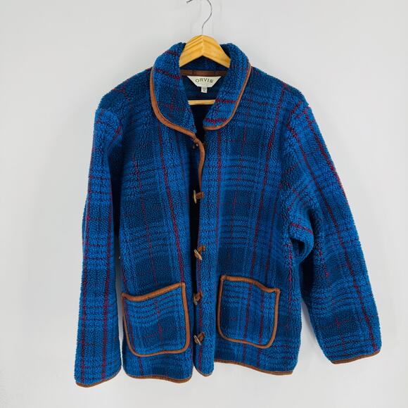 Orvis Blue Plaid Fleece Jacket Toggle Closure Sherpa Style Outerwear Size XL - Picture 1 of 9